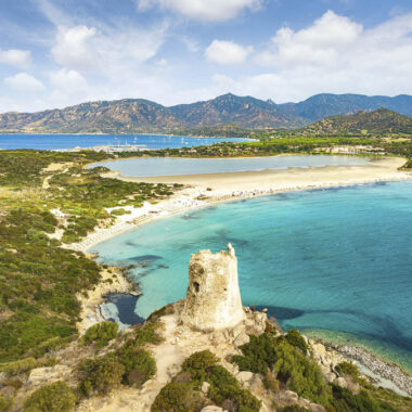 Torre di Porto Giunco (Tower) in south Sardinia, Villasimius. Italy. Aerial view